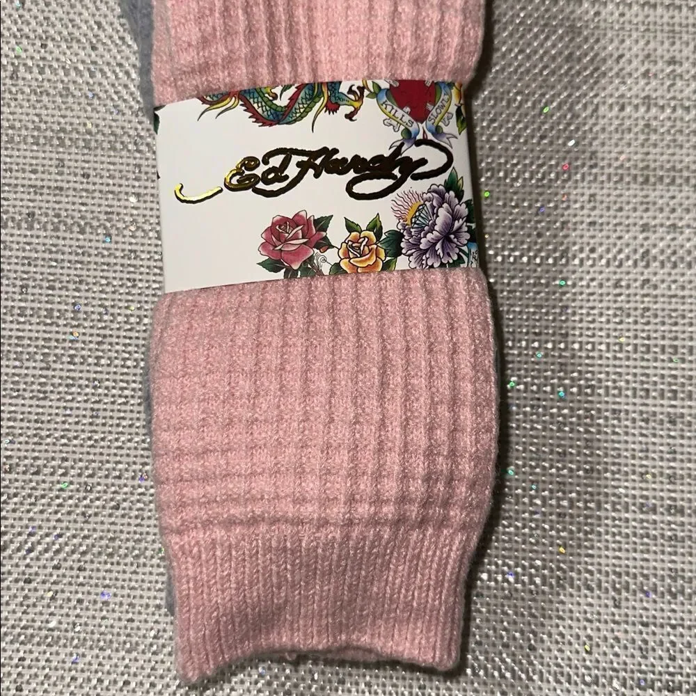 Ed Hardy Gray Pink Super Soft Waffle Knit Embroidered Slouchy Socks 2 pk